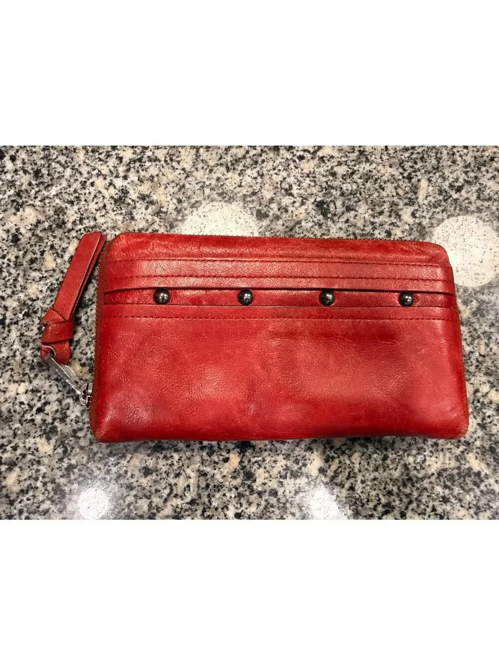 Perlina New York Red Leather Studded Zip-Around Wallet